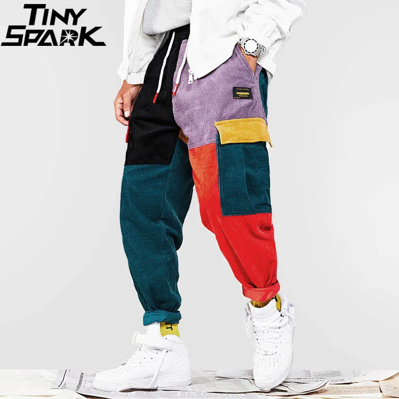 Mens Cargo Pant Color Block Baggy Corduroy Harem Trouser Hip Hop Joggers Streetwear Pant 
