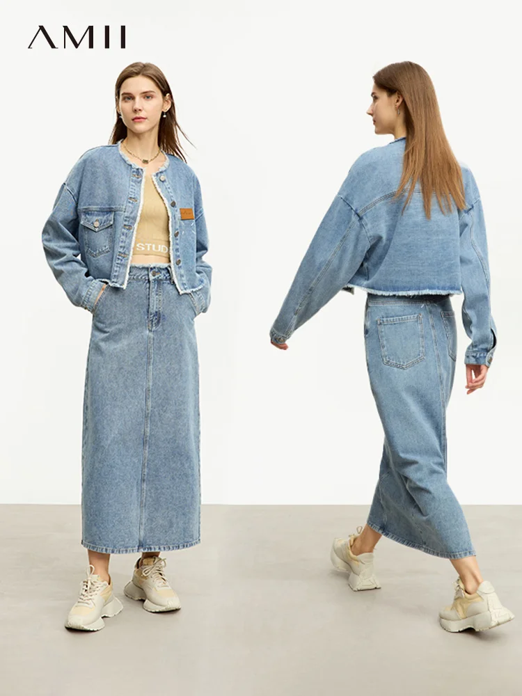 AMII Minimalist Denim New Dress Sets For Women 2023 Autumn Crew Neck Loose Coat Straight Skirt Commuter Two-piece Set 12343096