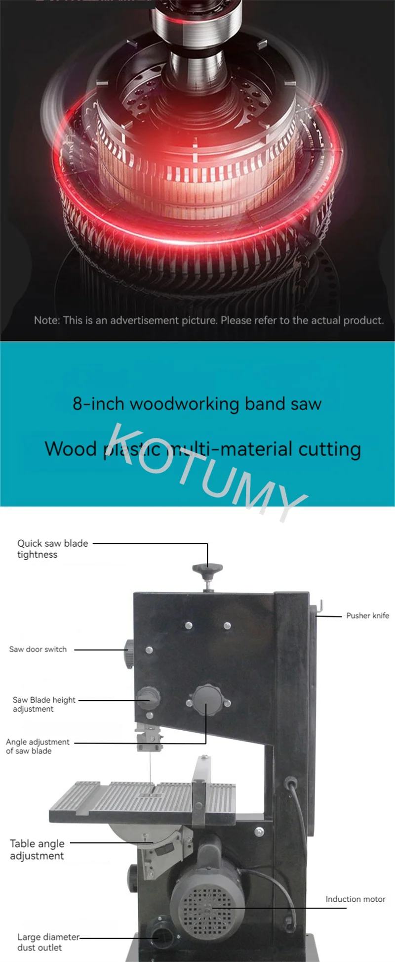 KOTUMY 8 Zoll 9 Zoll Holzbearbeitungs-Bandsägemaschine Desktop-Drahtsäge Stichsäge Metall 80/80 mm Schneidwerkzeuge 350/550 W 220 V Tischkreissäge – Detail 4