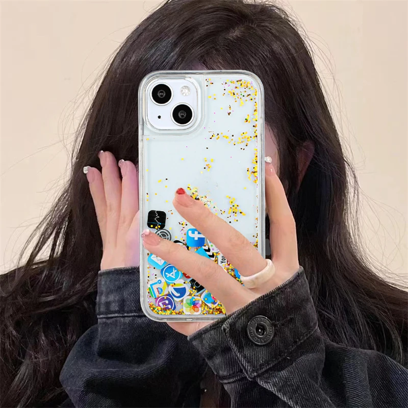 Figuras Quicksand Custodia Per Iphone 12 13 14 15 Pro Max Custodie Dynamic Liquid Glitter Cover Per Telefono Iphone15Pro Cute Icon App Carcasa
