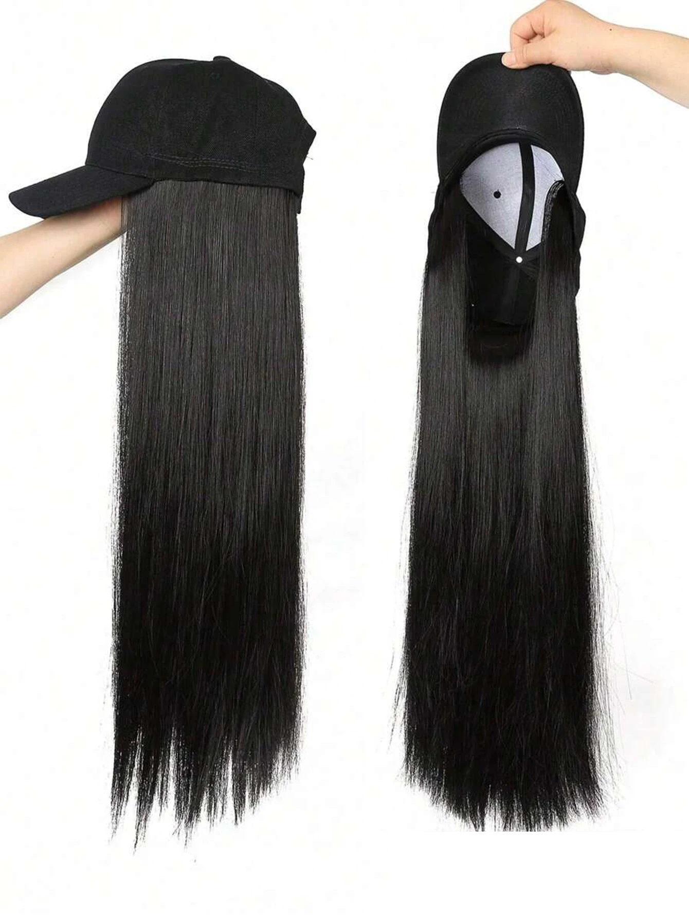 1pc 18 Inch Synthetic Hair Extension Baseball Cap Wig Hat With Hairpiece,Black Color,For Women Christmas New Year Carnival Music
