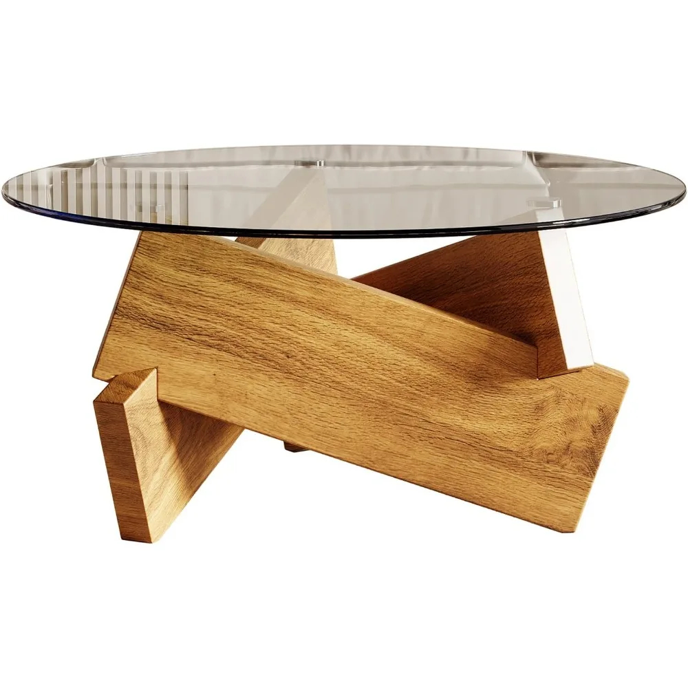 Modern Round Coffee Table with Tempered Glass Top, 30.7" x 30.7" x 16.1", Natural Wood for Living Room