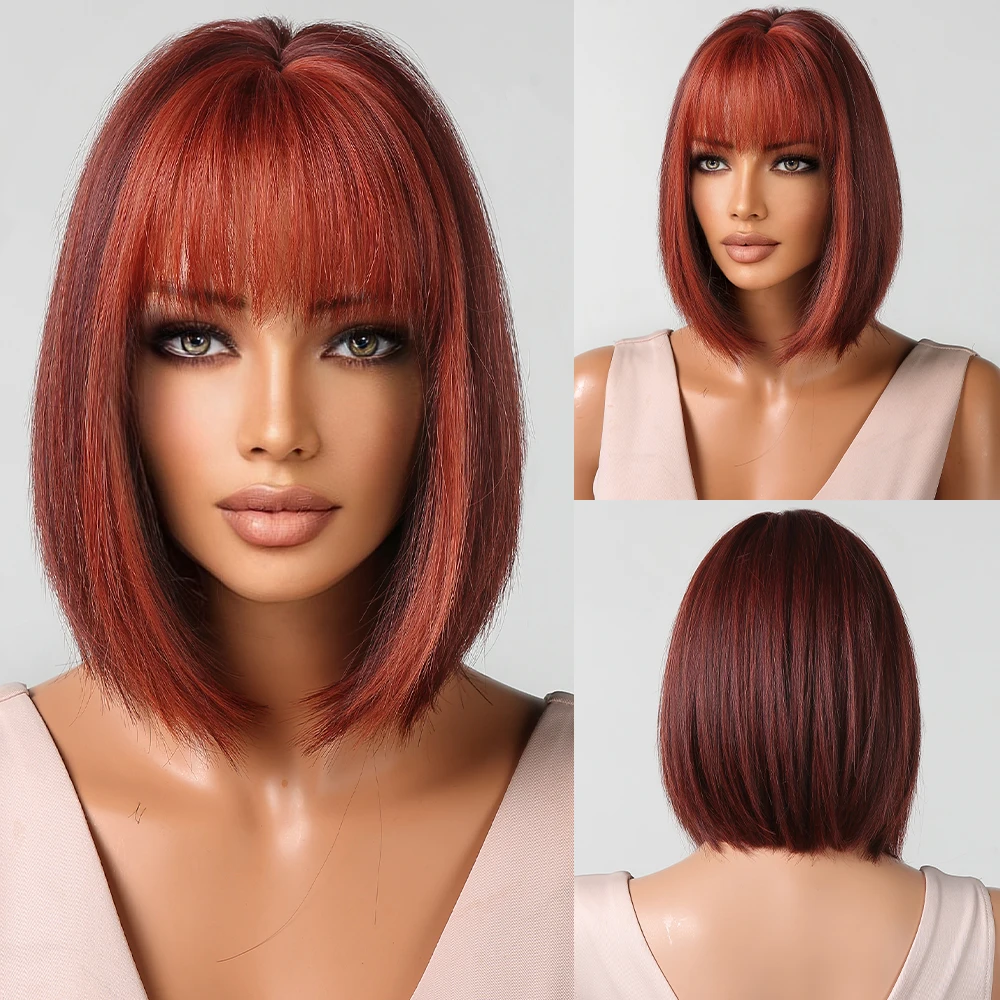 

Short Straight Bob Synthetic Wigs with Bang Orange Red Brown Hair Wig for Women Cosplay Party Natural Heat Resistant Wig