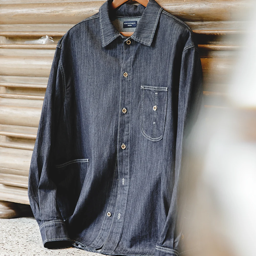Men's Casual Button Down Long Sleeve Denim Shirt Vintage Washed Pockets Loose Workwear Tops Large Pocket