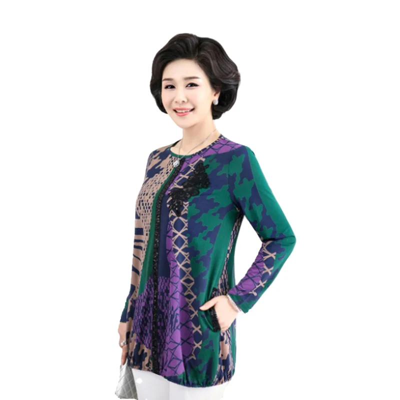 

Элегантная женская шифоновая блузка среднего возраста, одежда для мамы, большой размер 5xl, рубашка с принтом, расшитая блестками, топы для женщин