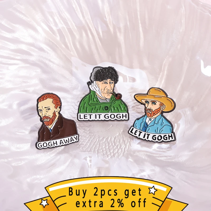 Let It Gogh Away 에나멜 핀, 셀프 초상화 해바라기 유화 피규어 브로치, 배낭 의류 쥬얼리용 라펠 배지