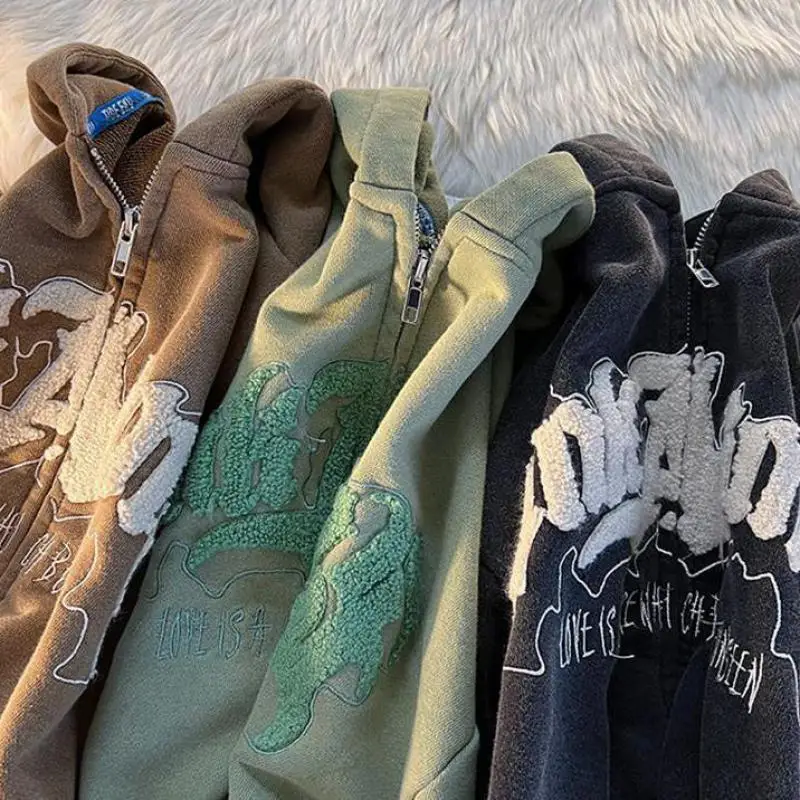 Autumn Fashion Zip Up Hoodies Women Letter Harajuku Embroidery Hooded Sweatshirt Retro Long Sleeve Cardigan Street Tops