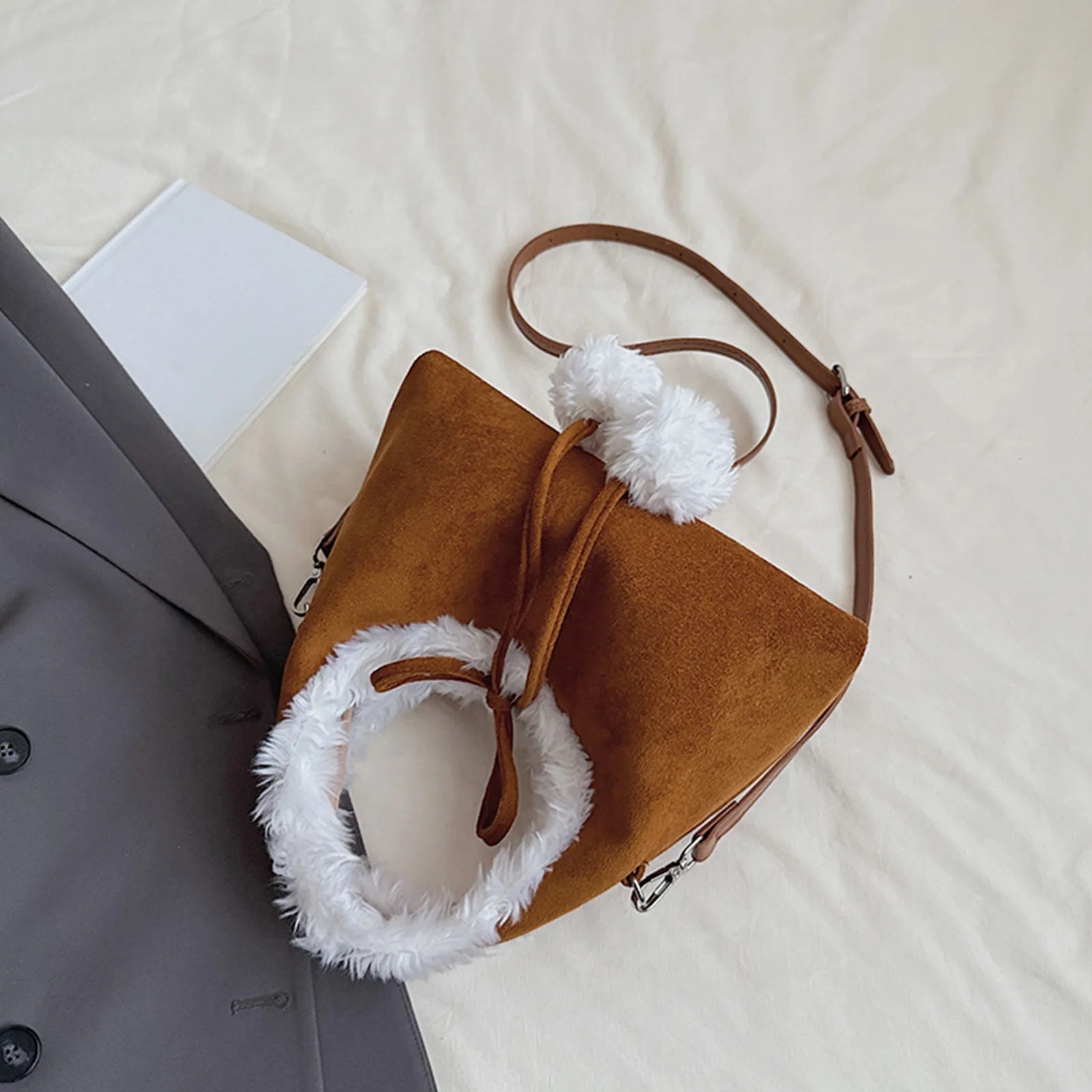 Women Faux Suede Fuzzy Shoulder Bag with Adjustable Strap One Shoulder Armpit Bag Sweet Cute Bow Pom Pom Handbag for Work Travel