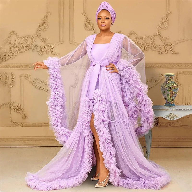 

Lavender Maternity Robe For Photoshoot Ruffles Tulle Bridal Boudoir Gown Long Sleeves Pregnancy Prom Dress Puffy Sleepwear