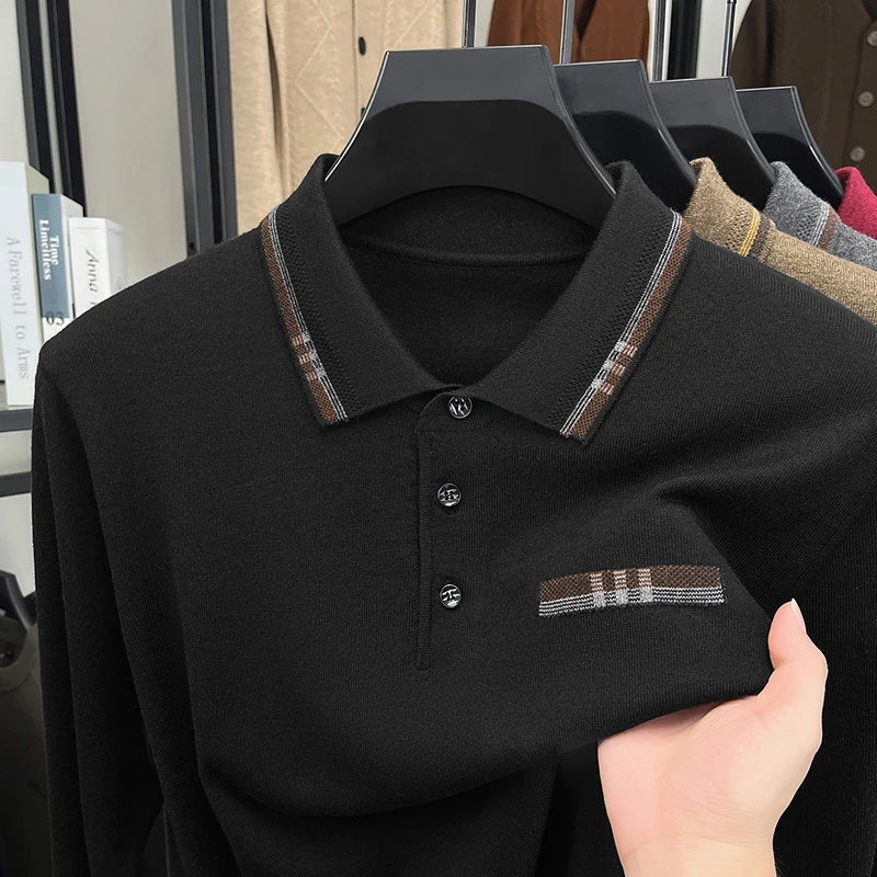 Haute qualité de marque tricoté à manches longues polo chemise hommes luxe laine confort nouvelle mode en relief automne rayé Le col renversé pull 1 Haute qualité de marque tricoté à manches longues polo chemise hommes luxe laine confort nouvelle mode en relief automne rayé Le col renversé pull 1