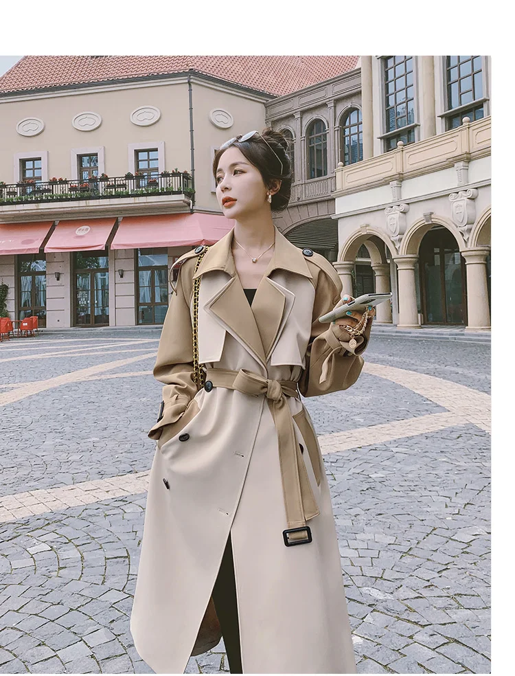 long duvet coat High-quality Contrast Color Stitching Trench Coat For Womens 2022 Spring Autumn Long Windbreakers Sashes Ladies Fashion Overcoat parka jacket women