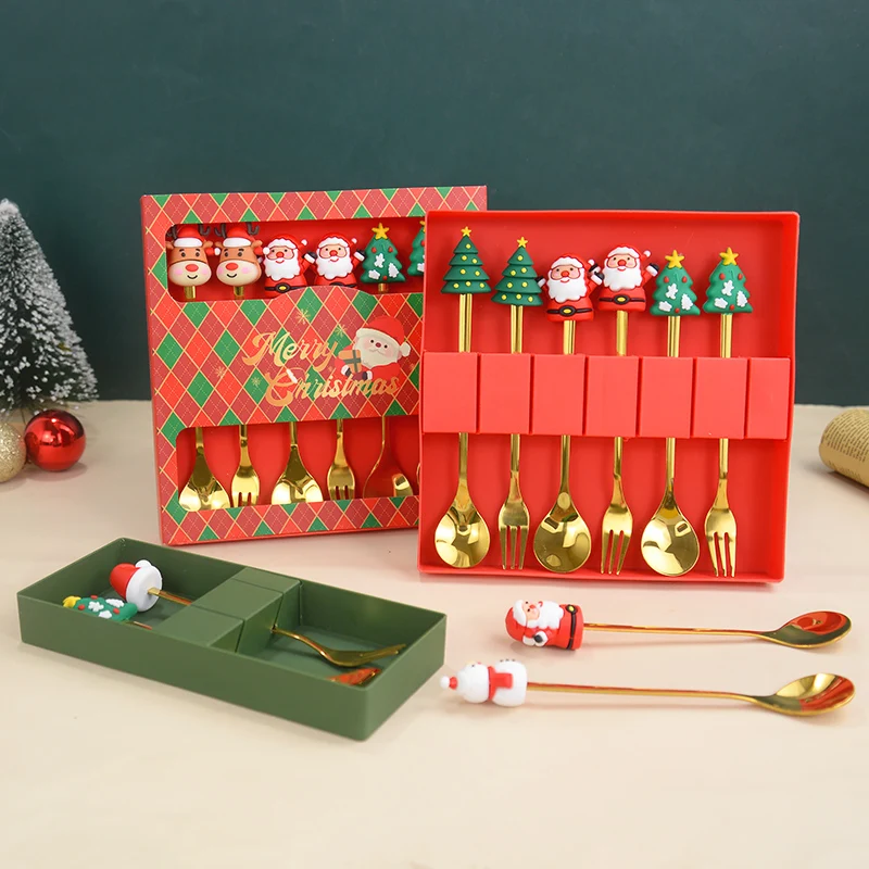 2/4/6pcs Christmas Spoons Forks Set Gold Christmas Stainless Steel Spoon Dessert Spoon New Year Decoration For Tableware party decorations stainless steel cutlery set