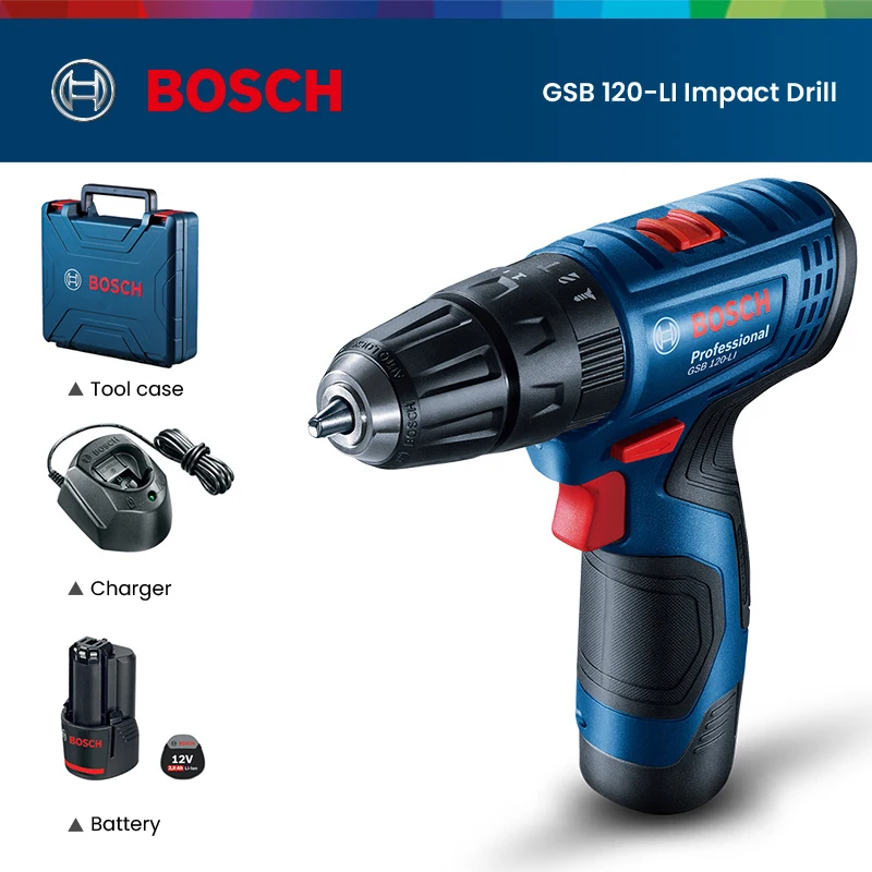 

Bosch GSB 120-LI Cordless Electric Drill 12V Li-ion Battery Power 2 Gears Speed Wireless Impact Drill 2 Batteries For Wood Metal