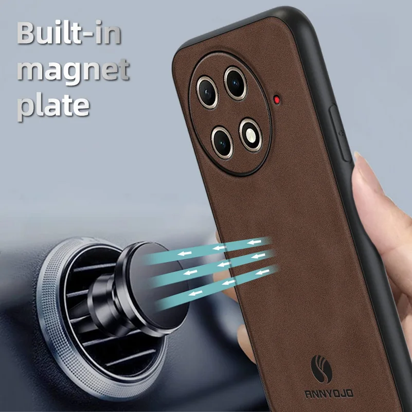 Matte Plain Leather Phone Case with Built-in Metal Car Mount Holder Cover