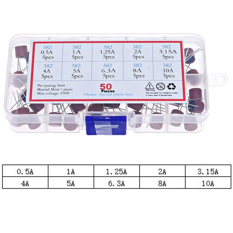 50Pcs 10 Values 382 circular Fuse Plastic Electrical Assorted kit Fuse Mixed set 0.5A 1A 1.25A 2A 3.15A 4A 5A 6.3A 8A 10A