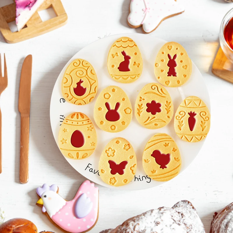 9pcs/set Easter Rabbit Biscuit Mold Plastic Bunny Egg Cookie Cutter Stamp Embosser DIY Baking Tools Easter Party Cake Decorating