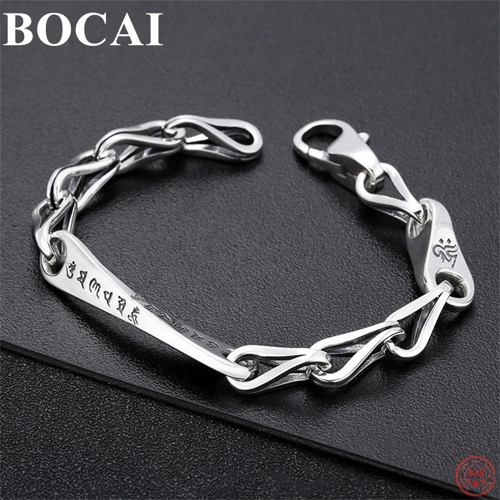 BOCAI Trendy 100% S925 Sterling Silver Bracelets for Men Women New Fashion Six Syllable Mantra Argentum Amulet Jewelry