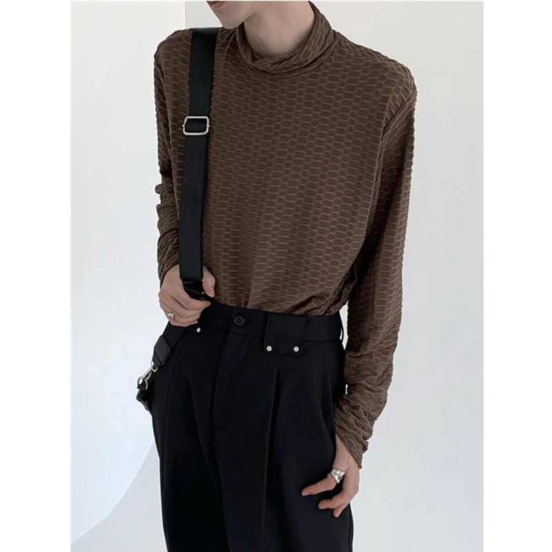 Fall Winter High Neck All-match Plaid Texture Casual Long Sleeve Men Harajuku Fashion Oversized 2023 Trend Solid Vintage 90s Top
