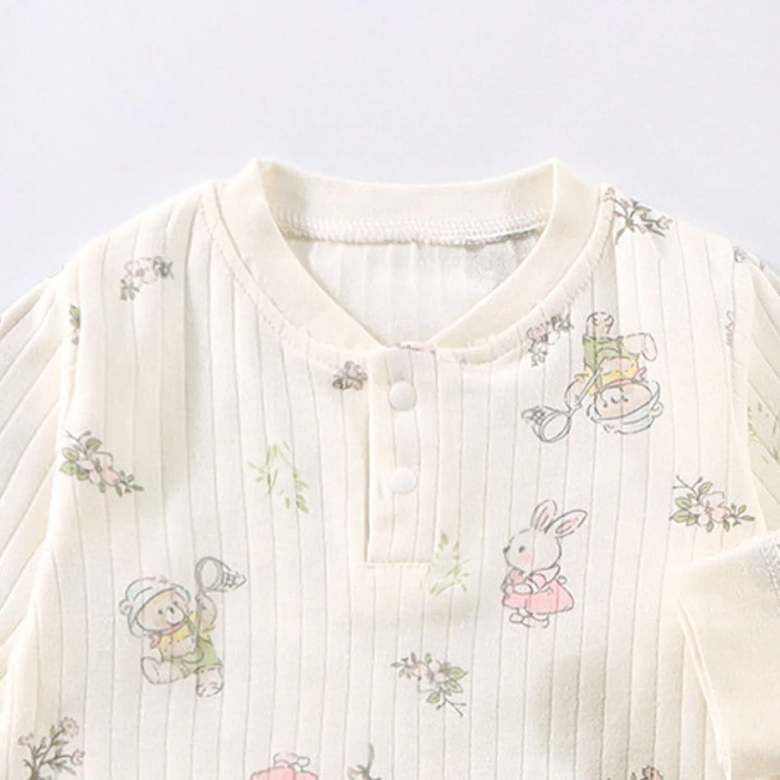 Baby Cartoon Print Long Sleeve Romper, Newborn Infant Ribbed Cotton Jumpsuit with Camping Animal Baby Onesie for Spring Autumn