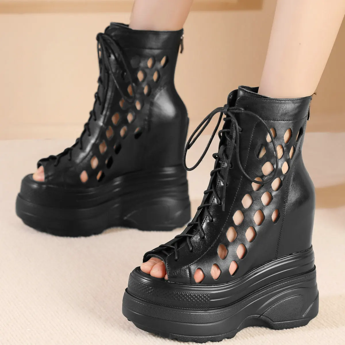 

Plus Size Wedges Pumps Shoes Women Hollow Cow Leather High Heel Gladiator Sandals Female Platform Sneakers Casual Shoes Big Size