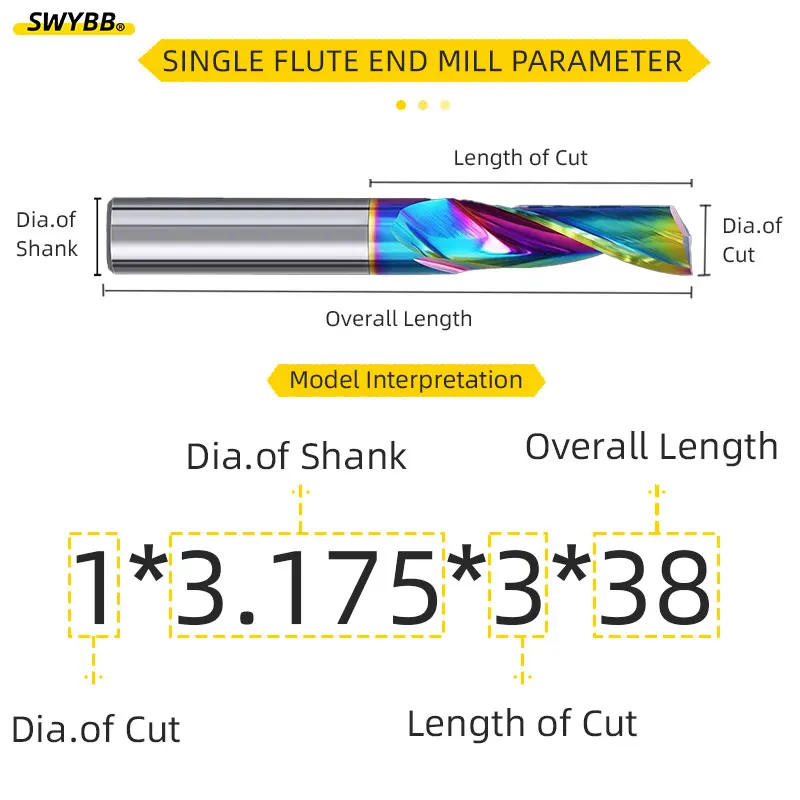 SWYBB CNC Engraving Cutter 1F One Flute End Mill Single Tooth Spiral 1 2 3.175 4 5 Shank 3D Bit for Aluminum Acrylic Wood, carbide milling cutter