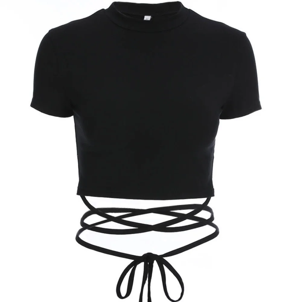 

Solid Color Short Navel-baring Cross-bandage Short-sleeved T-shirts T-shirt Black Short T-Shirts Polyester Black