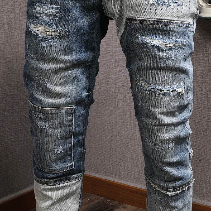 Streetwear Fashion Men Jeans Retro Blue Stretch Slim Fit Ripped Jeans Men Vintage Trousers Patched Designer Hip Hop Pants Hombre
