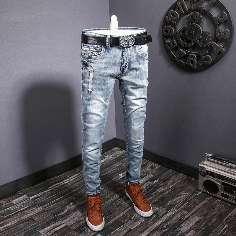 Fashion Designer Men Jeans Retro Light Blue Elastic Slim Fit Hole Ripped Jeans Men Stretch Trousers Vintage Denim Pants Hombre