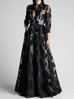 Elegant Three-Quarter Sleeve Knotted Waist Jacquard Mesh Maxi Dress for Women No Lining Transparent Club Party Long Dress - Image 2