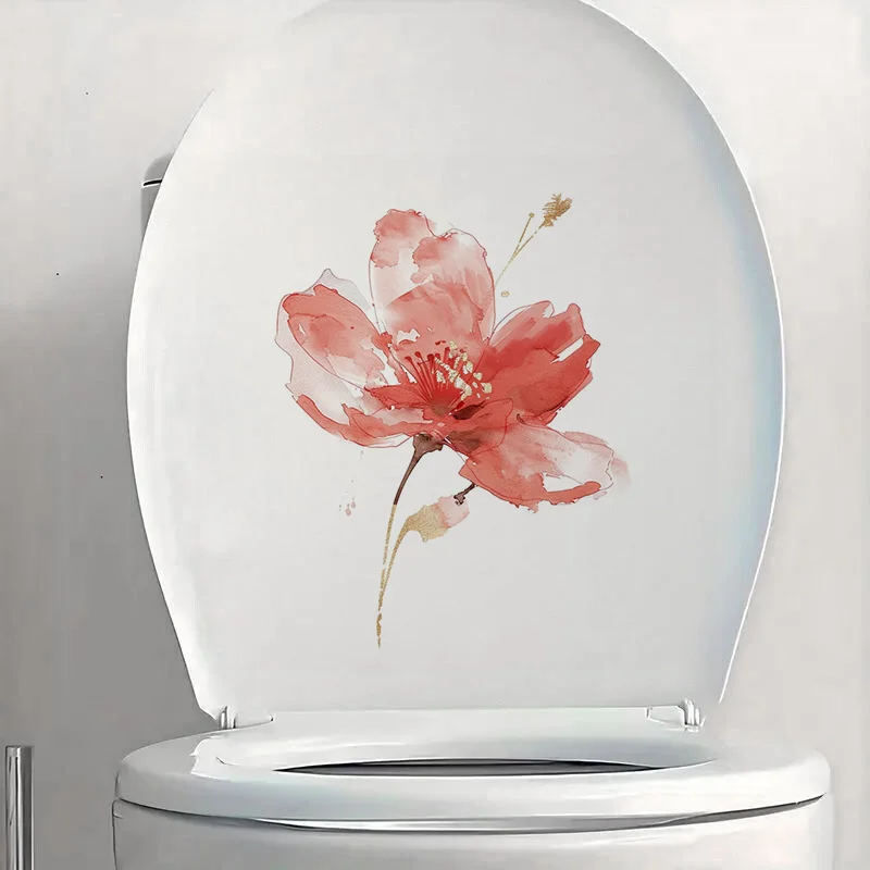C1144# Red Watercolor Flowers Toilet Stickers Decoration for Living Room Wall Bedroom and Home Decor Car Decals Self-Adhesive
