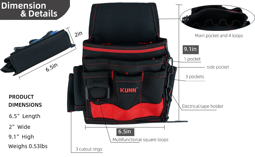 KUNN Electrician Tool Pouch,1680D Durable Tool Pouches with Belt Clip,Professional Electrician Pouch for Maintenance Tradesman