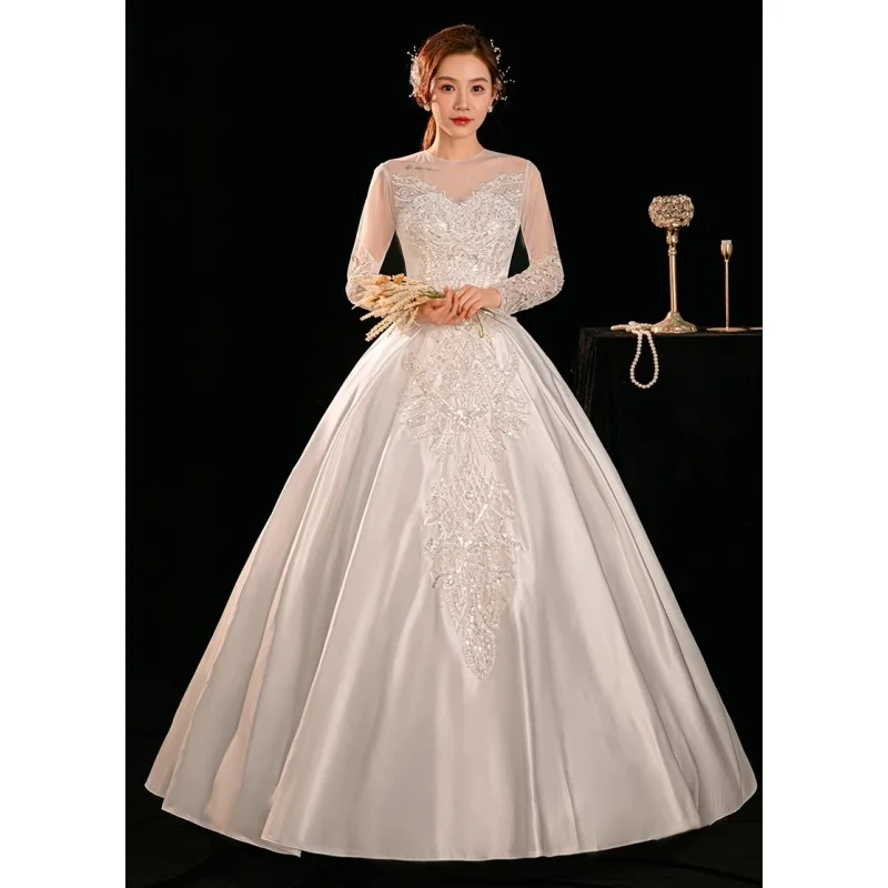 

It's Yiiya Wedding Dress White Satin Appliques O-neck Full Sleeves Lace up Princess Floor-length Plus size Bride Ball Gown XN172