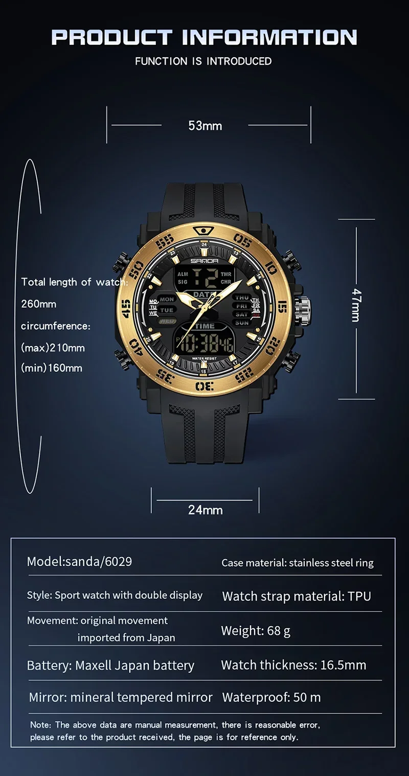 

SANDA Luxury Original Men Sports Wrist Watch Gold Quartz Steel Waterproof Dual Display Clock Watches Relogio Masculino 6029