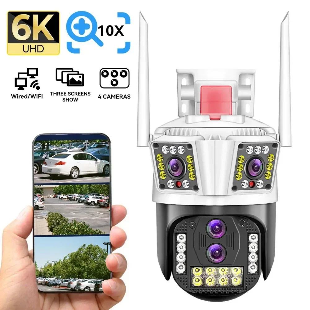 

IP-камера 8K 16 Мп, уличная Водонепроницаемая с 10-кратным зумом, автослежением, 4K PTZ, 4 объектива, 3 экрана