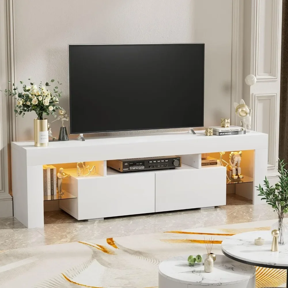 

Modern LED TV Stand for Televisions up to 70 Inch with Glass Shelves and Drawer, Gaming Entertainment Center with Multiple