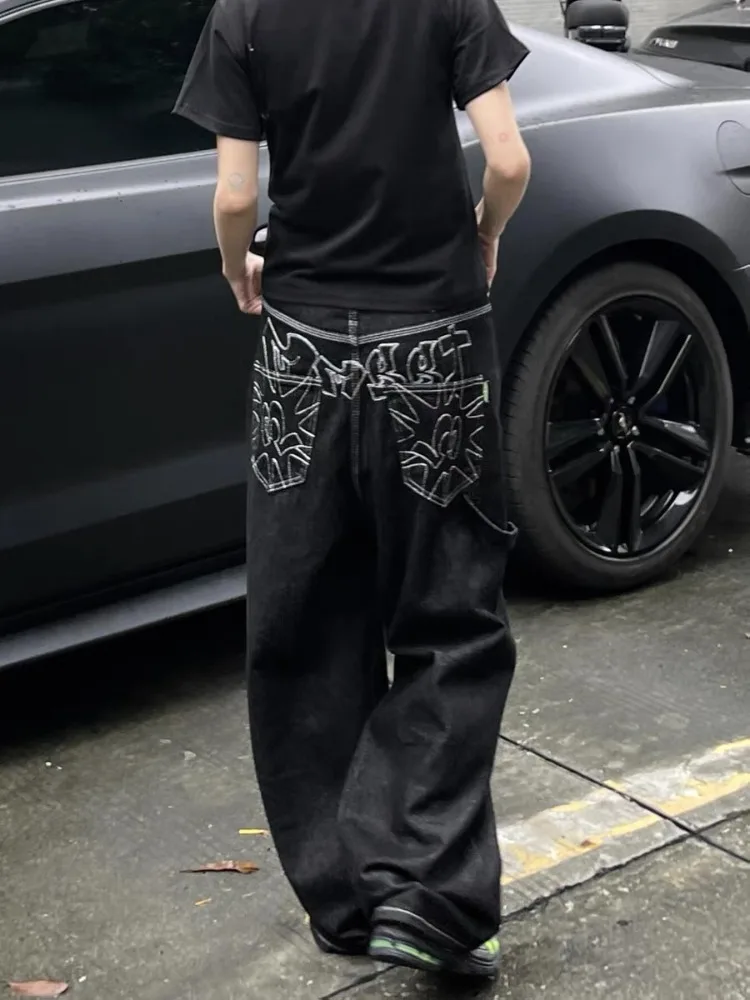 HOUZHOU ヴィンテージ刺繍黒ジーンズ女性特大ストリートグランジ
