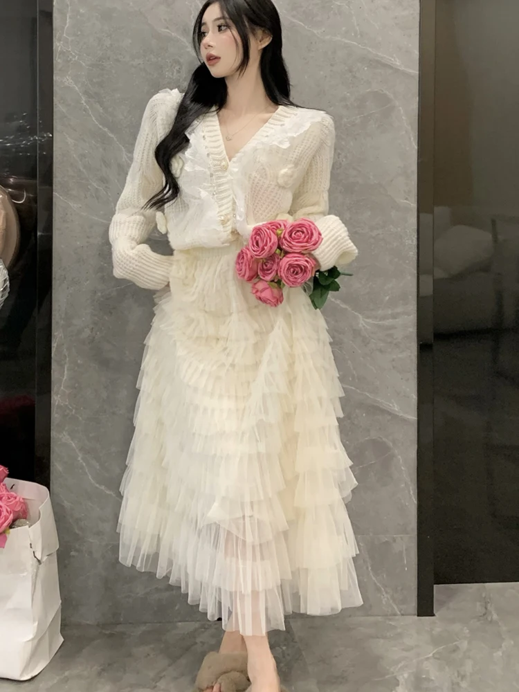 

Elegant Female Autumn Sweet knit Suit Women Lace Ruffles Sweater Cardigan Tops+Mesh Cascading Ruffles Long Skirts Two-piece Set