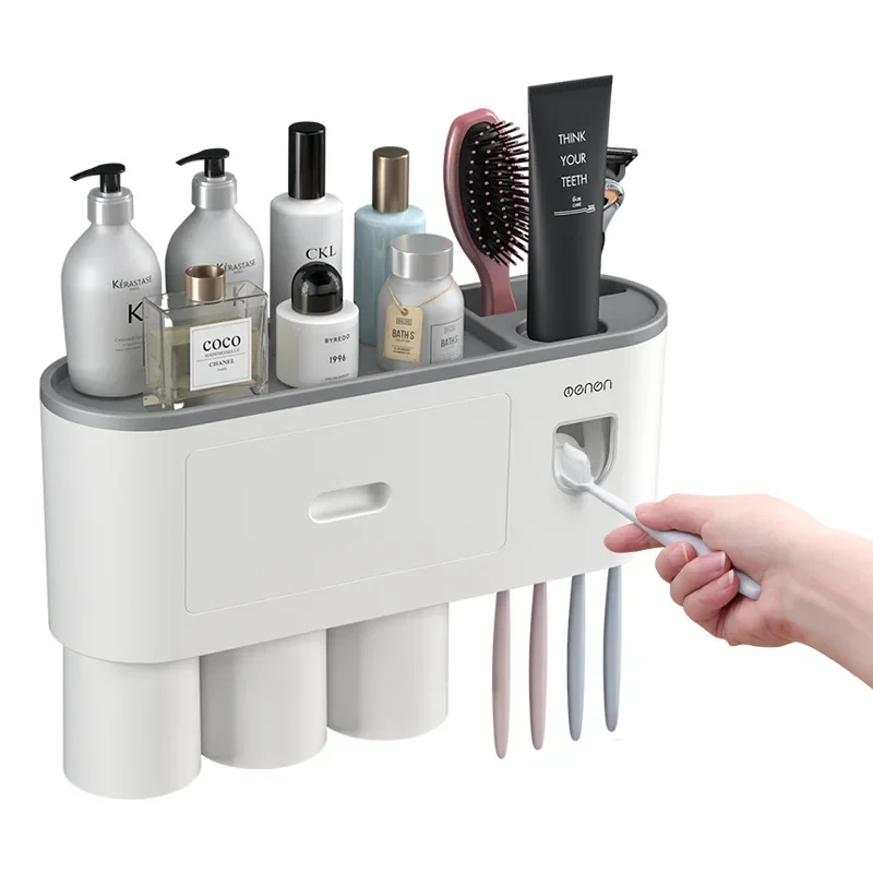 Creative Toothbrush Holder with Toothpaste Dispenser, Mouthwash Cup Set, Toilet Storage, No Punching