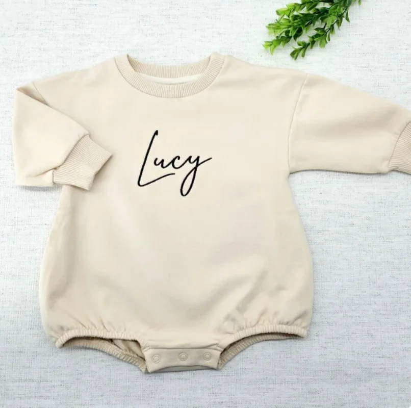 Embroidered Name Newborn Baby Girl Boy Solid Color Cotton Romper Infant Toddler Long Sleeve Jumpsuit Spring Hoodie Baby Clothes 5
