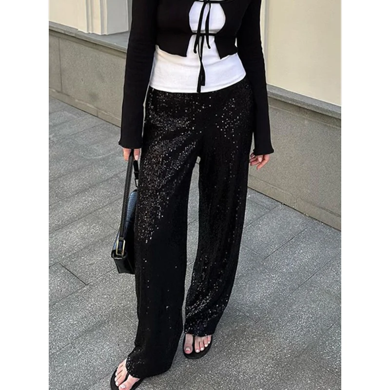 2024 Spring French Style Fashion Street White Sequined Casual Pants Women's Design Wide Leg Pants Trousers Wholesale Women's Clo