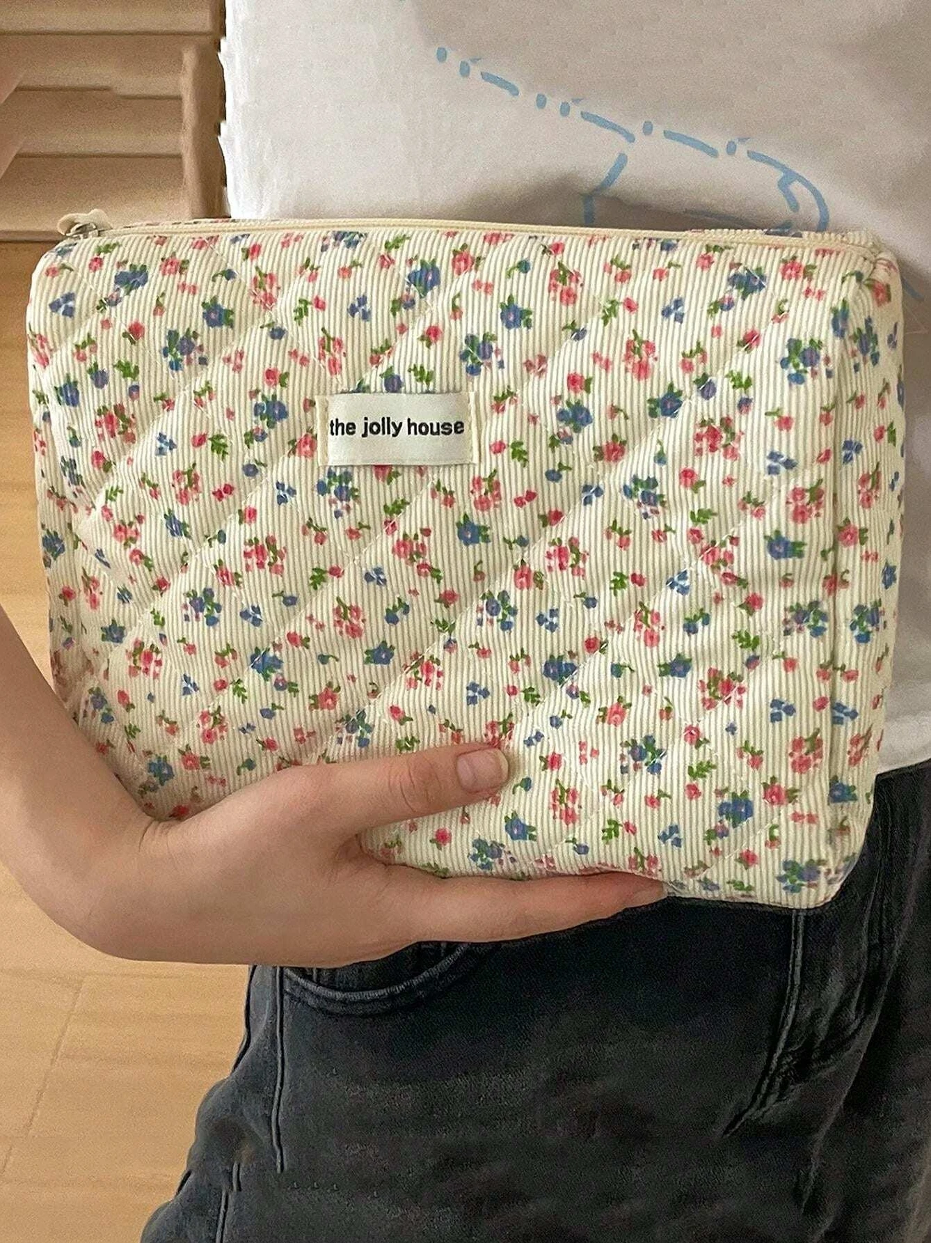 Lovely Floral Stitching Corduroy Cosmetic Bag For Storing Skin Care ltems Lipsticks Accessories Travel Necessity Birthday Gift 6