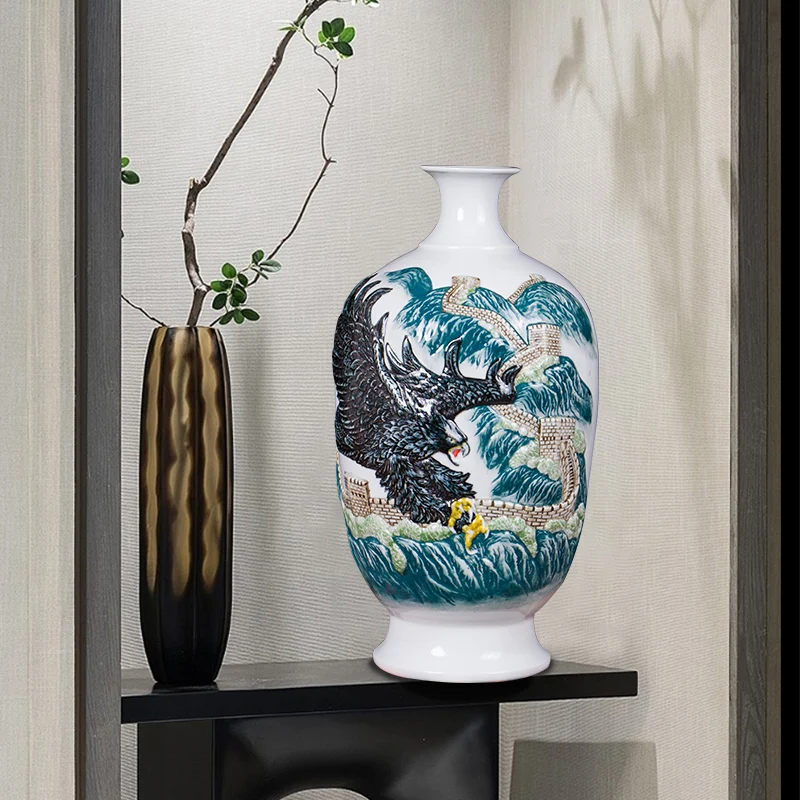 

Jingdezhen Ceramic Hand-Painted Carved Vase Modern Chinese Living Room Crafts Domestic Ornaments