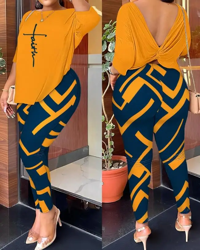 Women's Fashion Suits 2024 Spring Summer Latest Commuting Round Neck Tie Dye Print Twisted Deep Vbackless Top&casual Pants Set