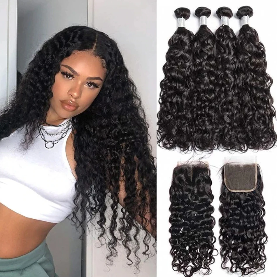 12A Water Wave Bundles With Closure Frontal Peruvian Deep Curl Wet and Wavy Bundles With Closure 100% Remy Human Hair Weave human hair bundles,human hair weave