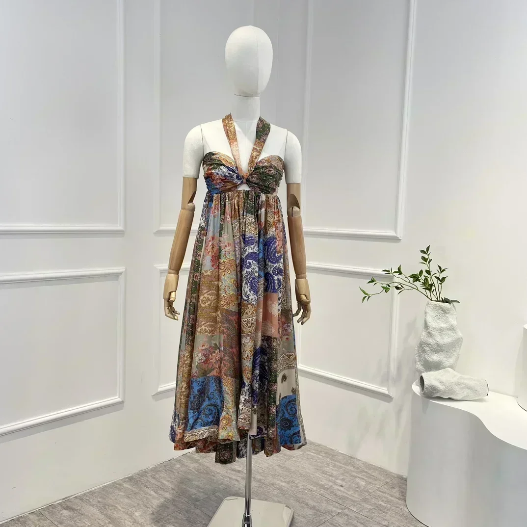 

2023 New Yellow Top Quality Silk Spring Summer Beach Style Floral Printing Folds Halter Sleeveless Midi Dress for Woman