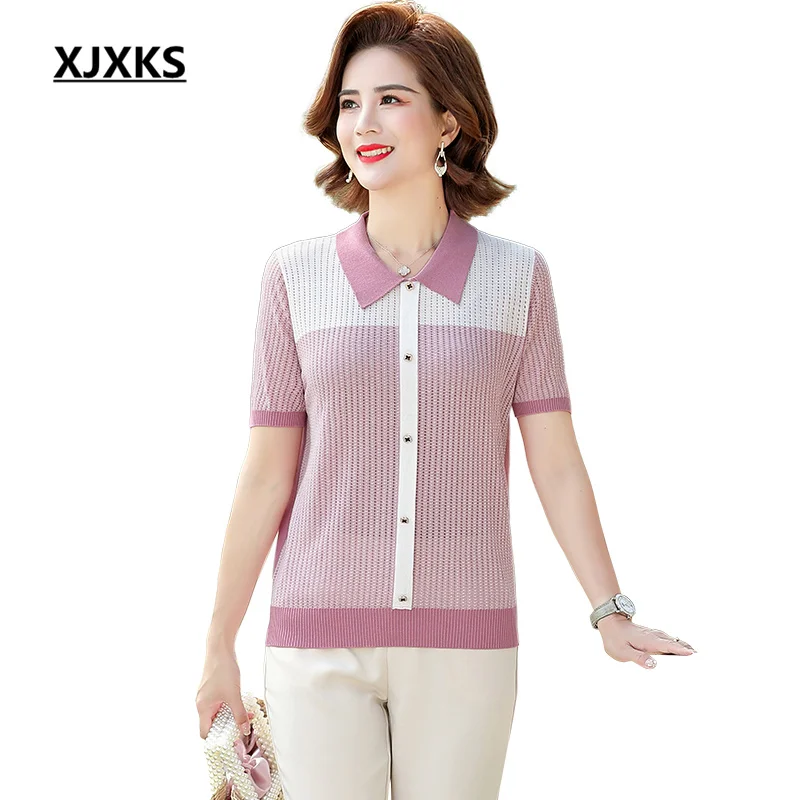 

XJXKS, Новинка лета 2022, повседневная женская футболка в полоску, свободный трикотажный кроп-топ из искусственного шелка, женские футболки