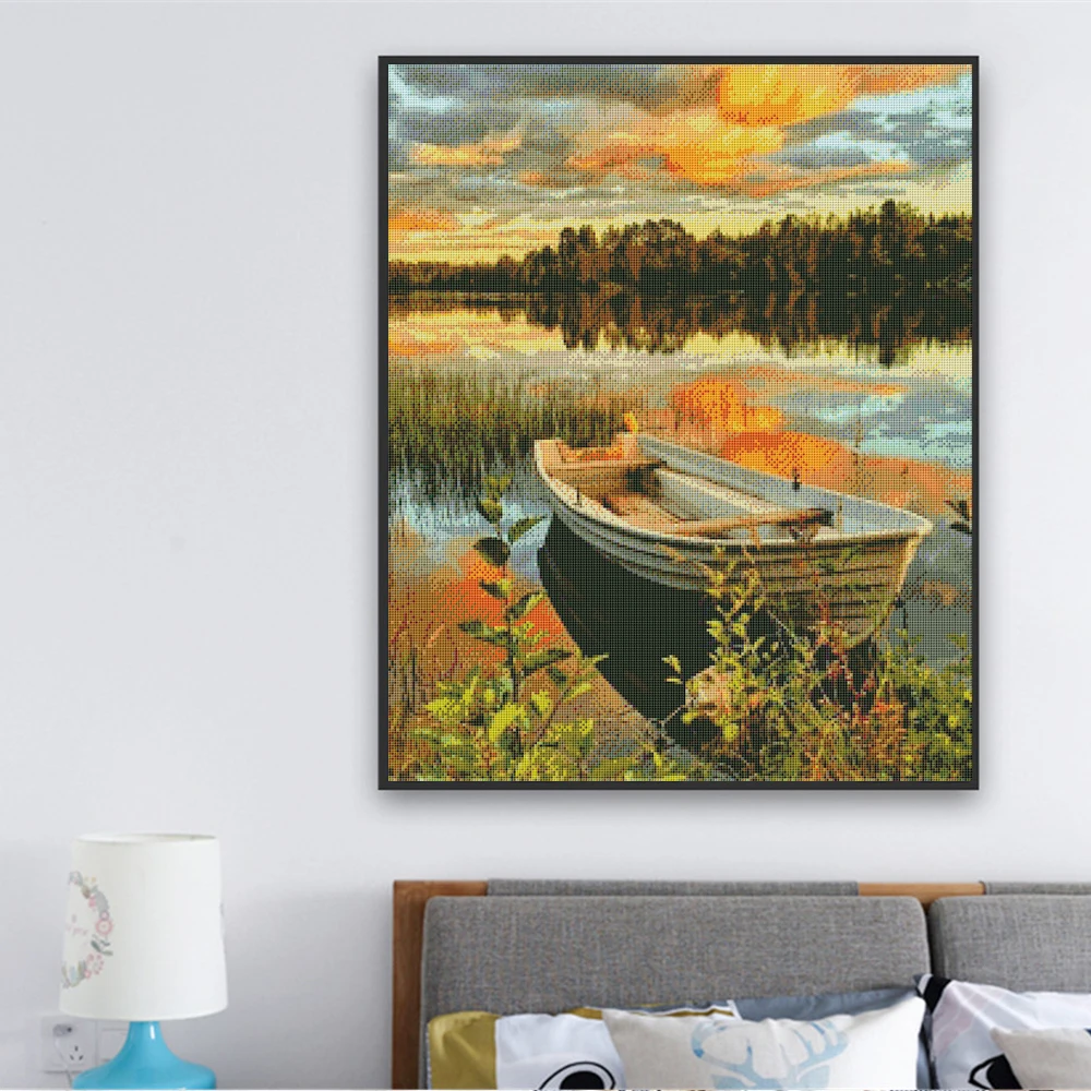 HUACAN Cross Stitch Sunset Scenery Cotton Thread Printed Canvas DIY Embroidery Boat Lake Landscape Kits Needlework Sets Decor