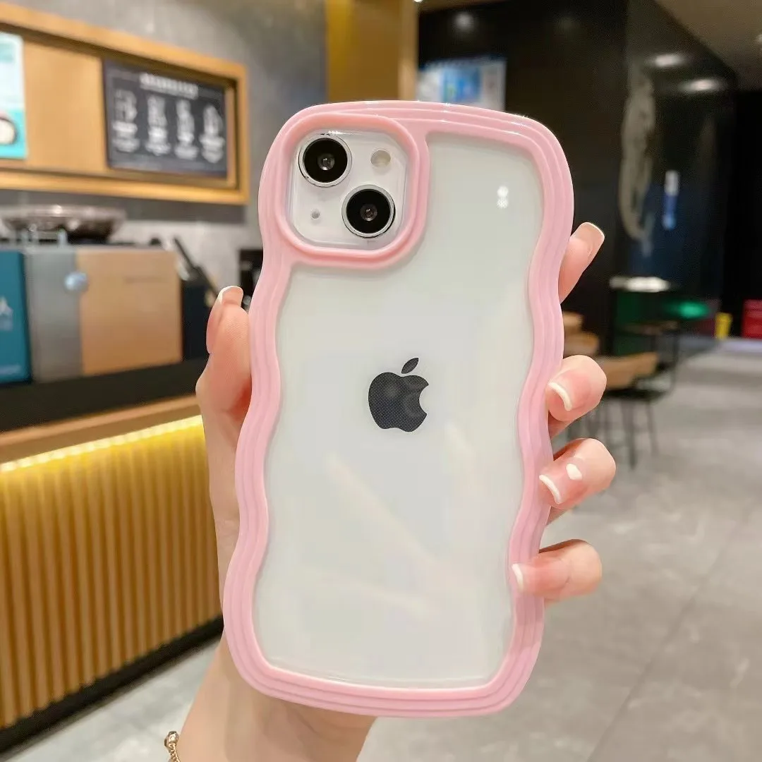 Cute Transparent Curly Wave Bumper Case For iPhone 13 11 12 14 15 Pro Max Shockproof Clear Soft Aesthetic Cover Coque