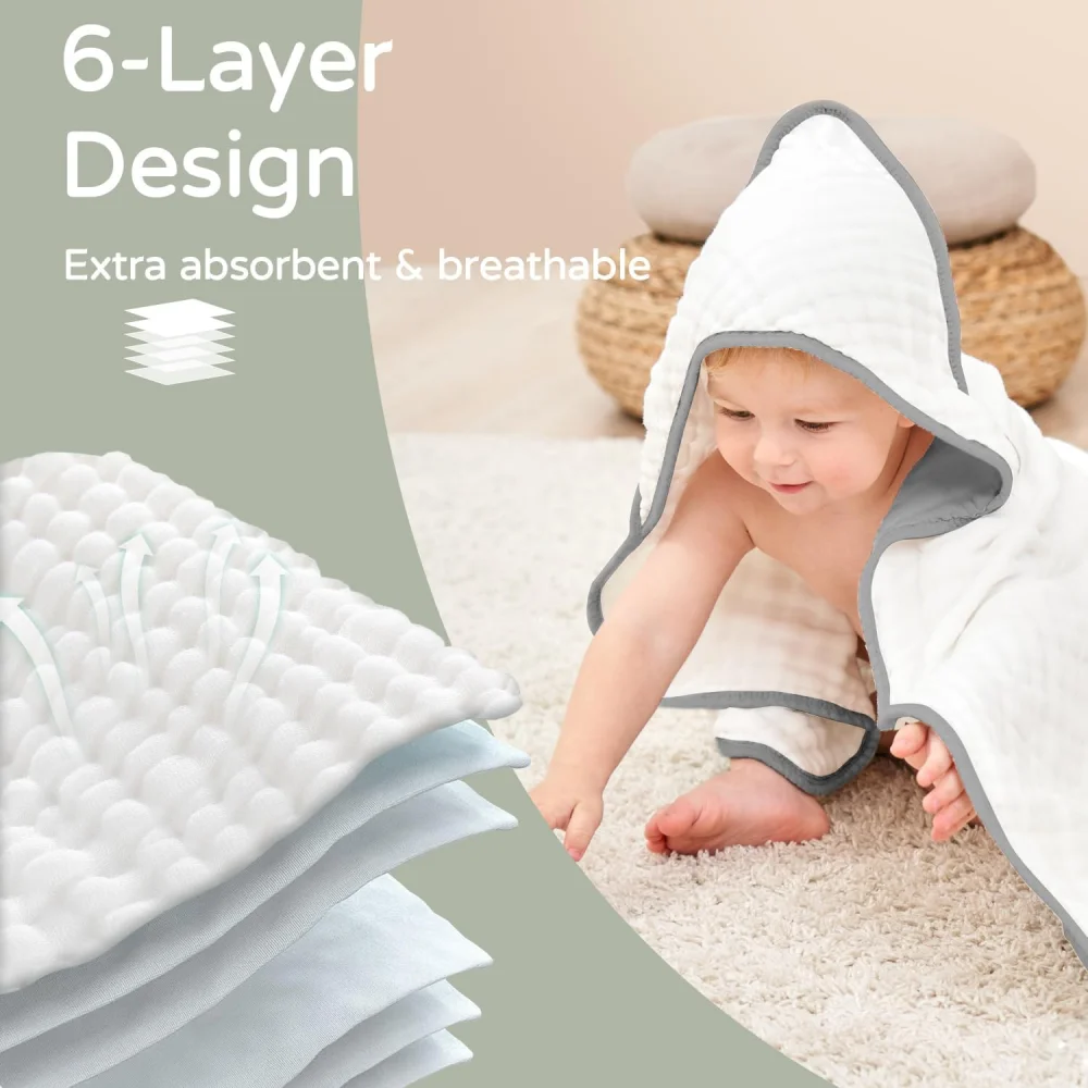 Hooded Beach Towels For Kids 6 Layer Muslin Cotton Baby Bath Towel With Hood For Children Soft And Absorbent Toddler Essential