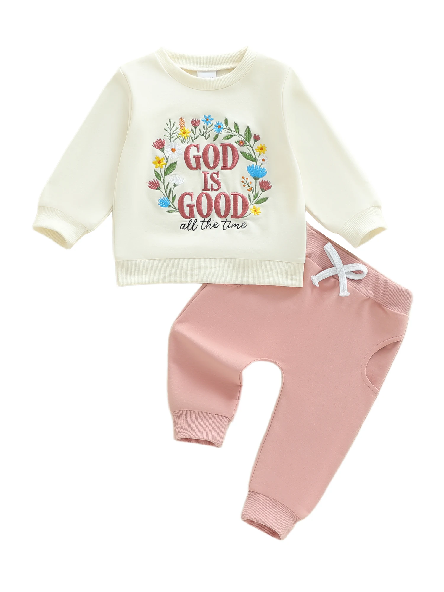 FOCUSNORM 0-4Y Schöne Kinder Mädchen Frühling Herbst Kleidung Sets Brief Blume Stickerei Langarm Pullover Sweatshirt Feste Hosen – Detail 1